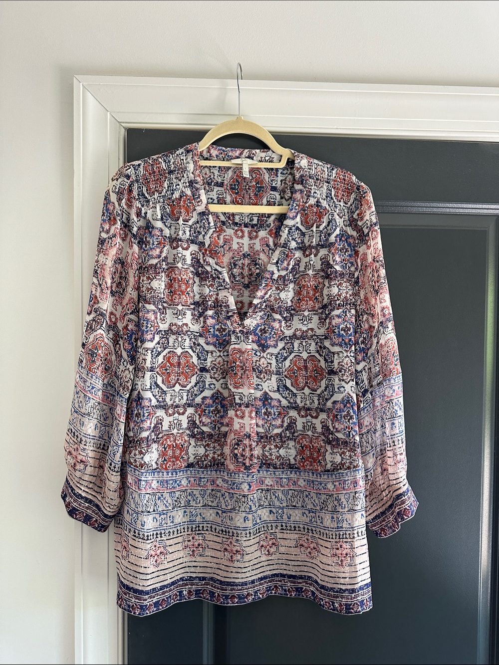 Joie Printed Boho Tunic Blouse in White, Blue, and Coral